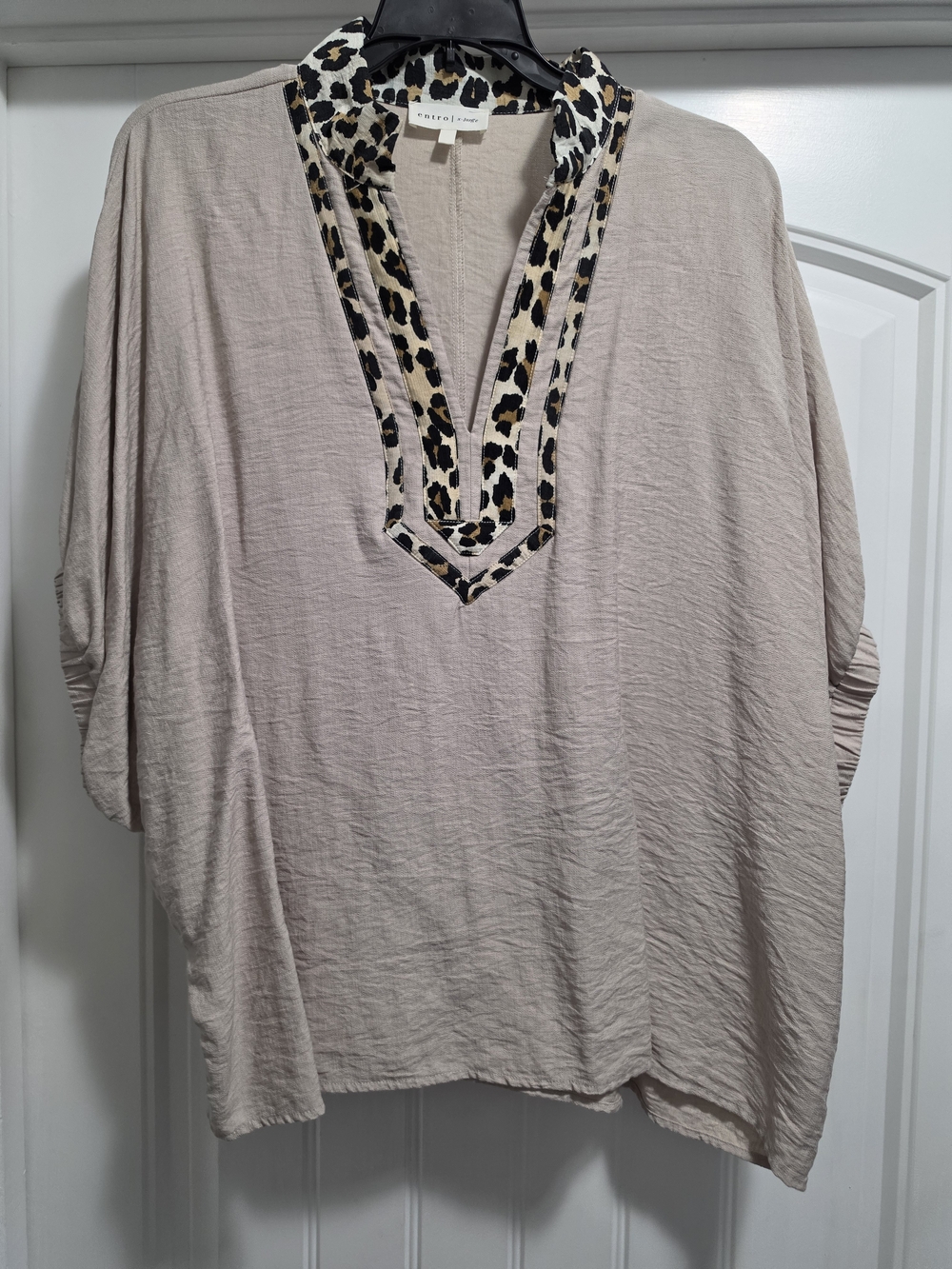 Velvet by Graham & Spencer Taupe Blouse with Leopard-Print V-Neck